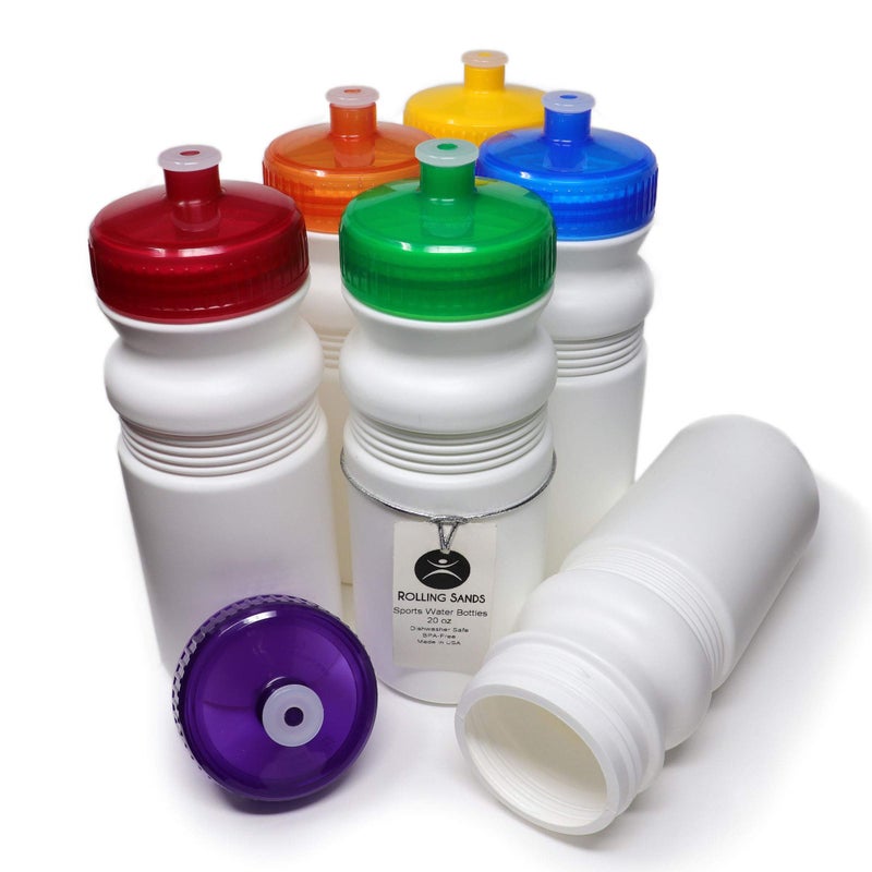 Rolling Sands USA Made 20 Ounce Sports Water Bottles - 6-Pack BPA-Free Blank Sports Bottles for Small Teams, Adults & Kids - White Bottle/Rainbow Lid, No Smell No Taste - Image 1